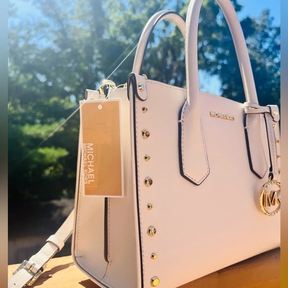 Michael Kors Maple Small Studded Satchel Crossbody White Leather NWT - Picture 6 of 6